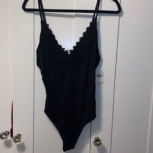 Free People Gia Lace Trim Black Bodysuit